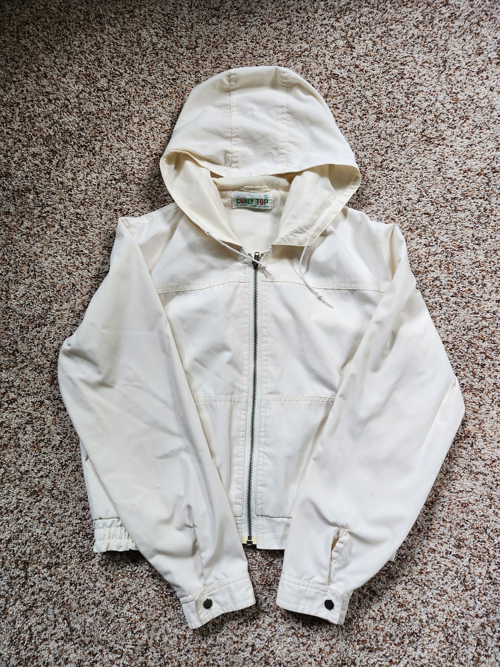 Vintage (70's) CURLY TOP Light Cream Zip-Up Hooded Jacket, size Latge